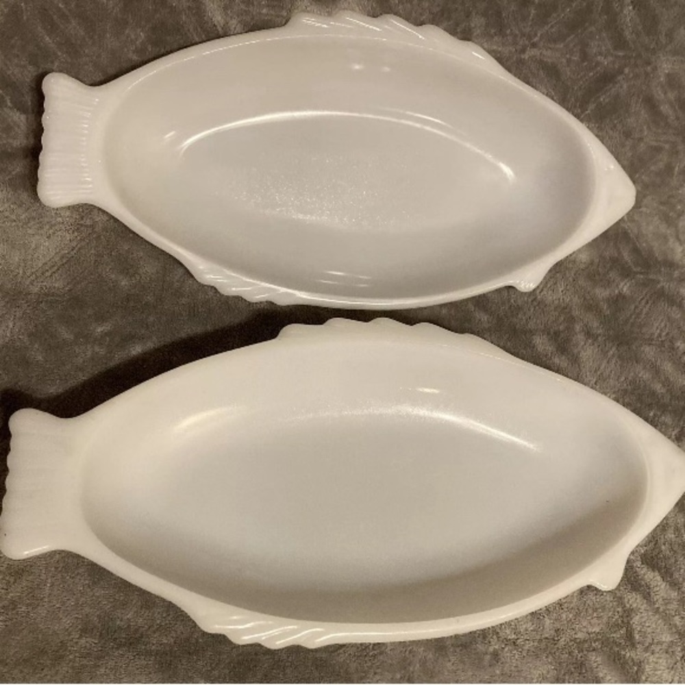2 Vintage Mid century Glass bake Milk Glass White Fish Serving Dish